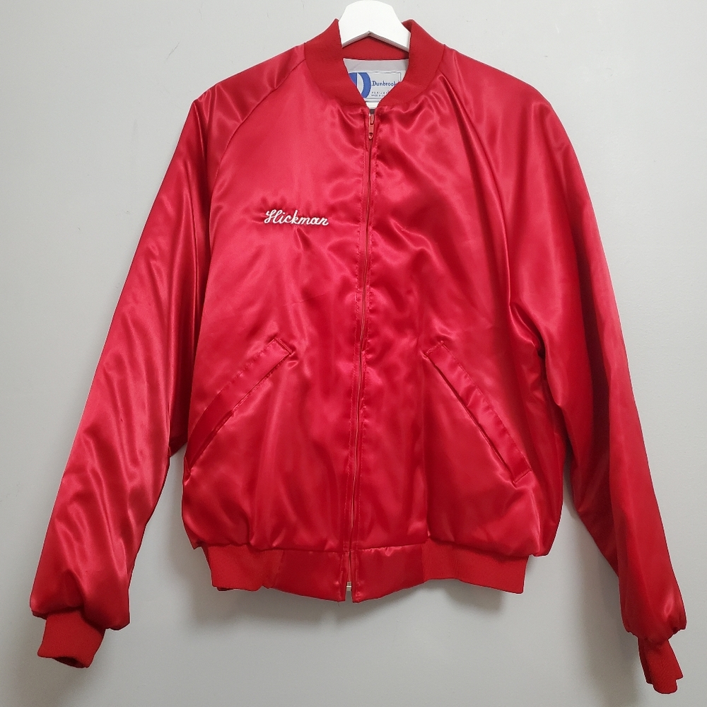 Vintage Satin Nylon Bomber Red Embroidery Dunbrooke Made in USA Large